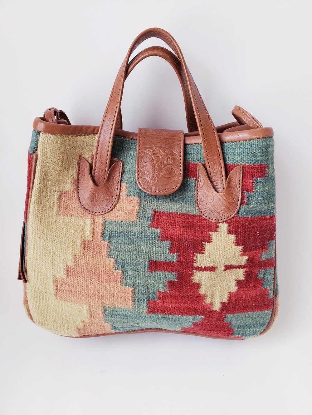 Vintage Leather And Wool Southwestern Print Handbag